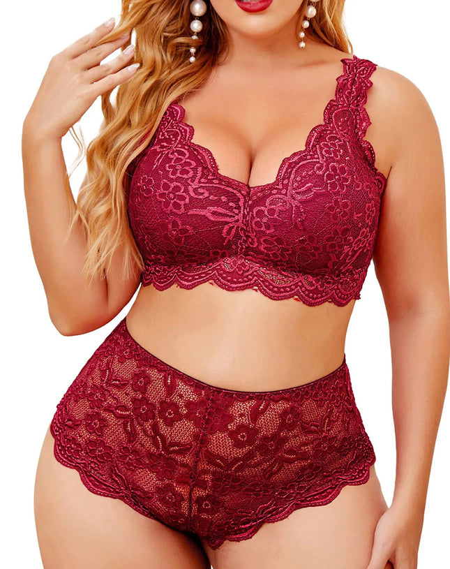 Seductive Women's Lace Bra Set with Deep V-Neck and High Waist Thong
