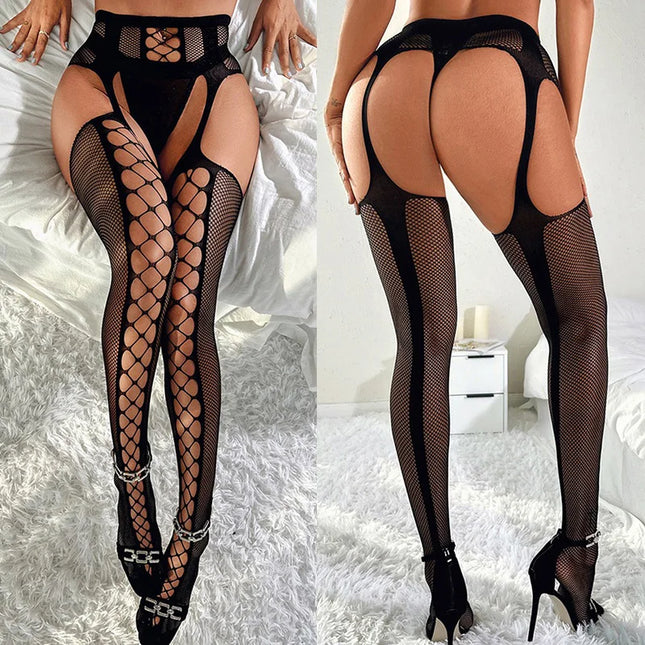 Seductive Crotchless Black Stockings With Belt Set - High Fishnet Sexy Socks - Floral Print Pantyhose - Mesh Long Tights